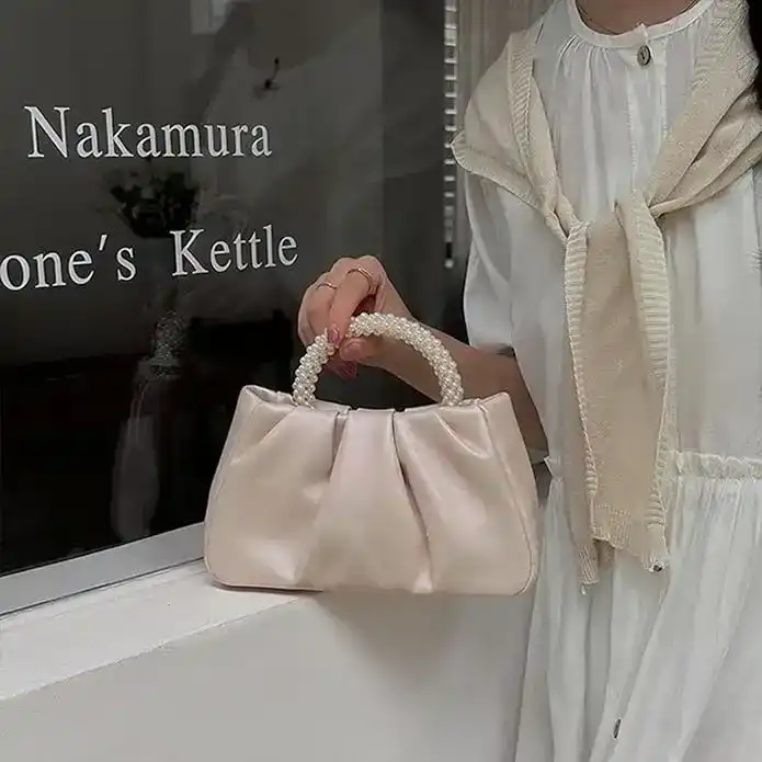 Women's Pearl Handbag Soft Leather Pleated Party Bag